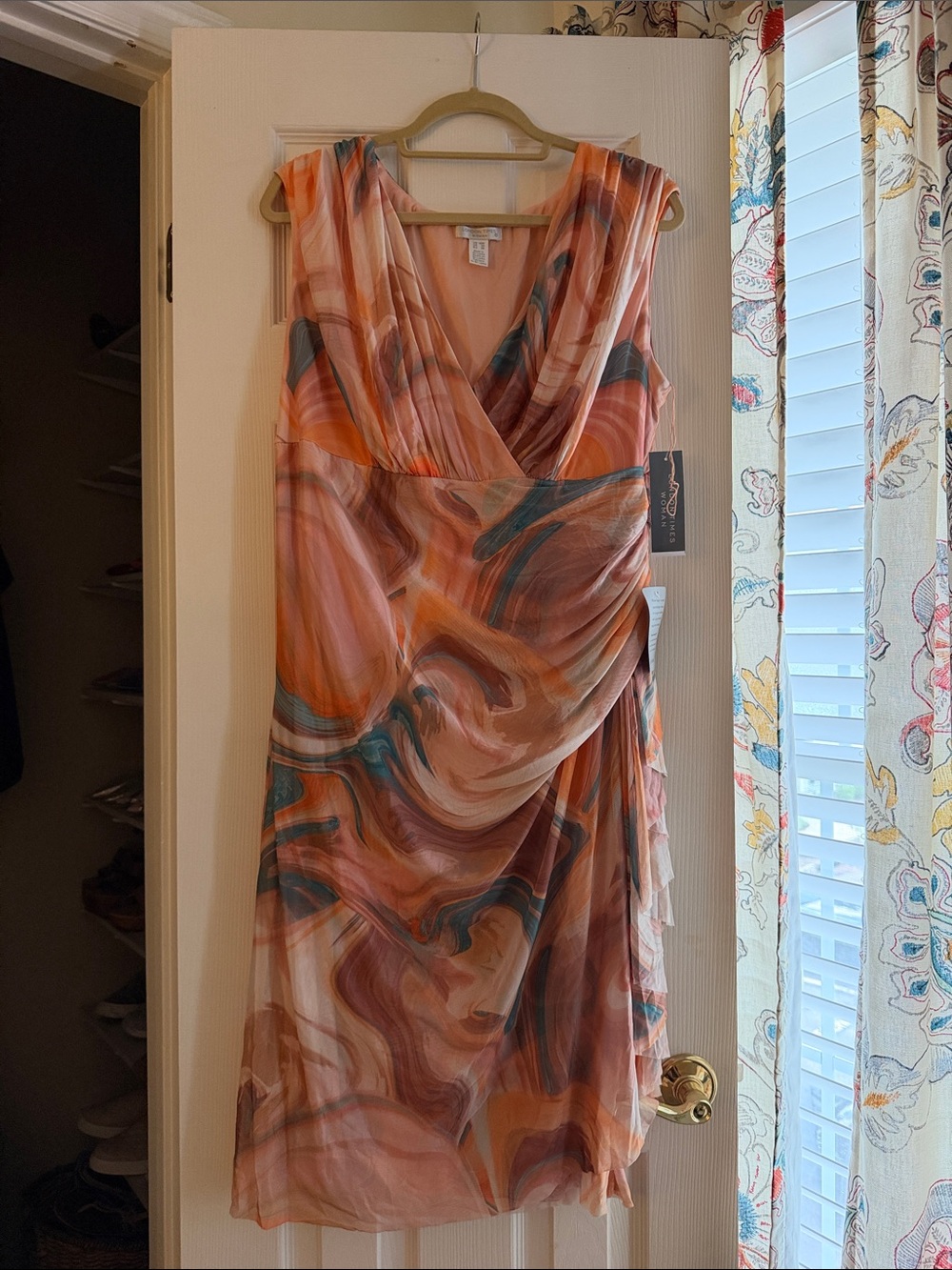 London Times Peach and Teal Swirl Midi Dress